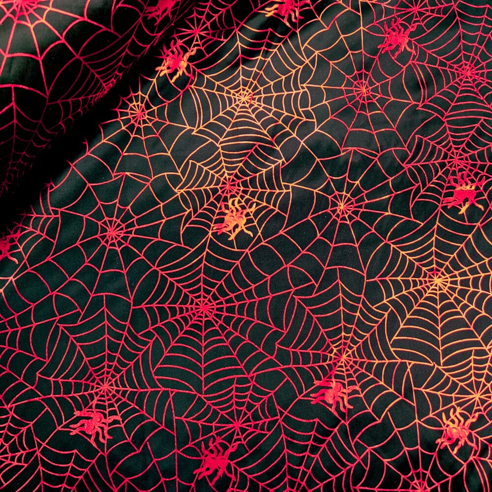 Halloween Fabric Red Spiders Web